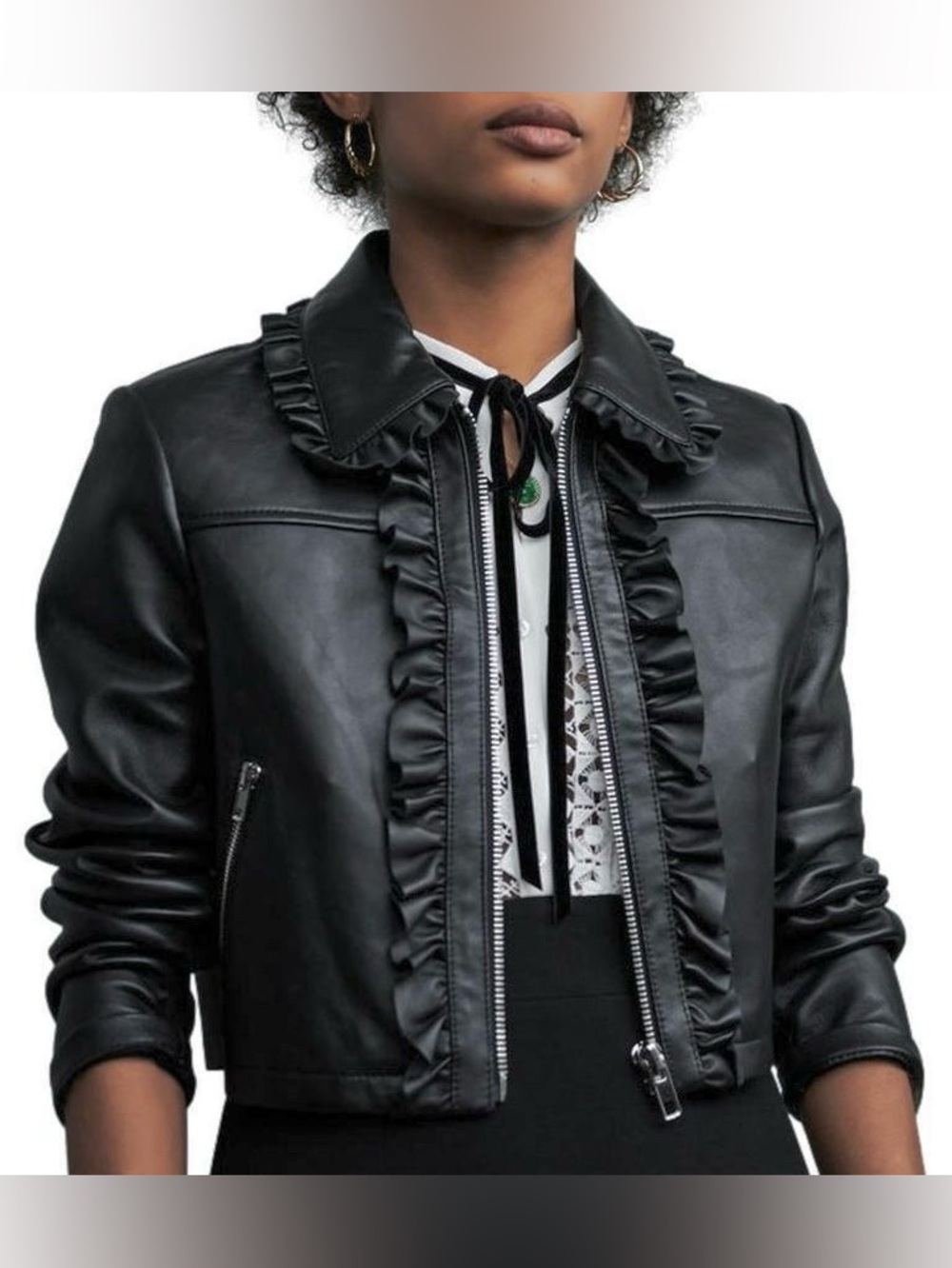 Maje Ruffle-Trim Leather Bomber Jacket- FR 38 / S-M